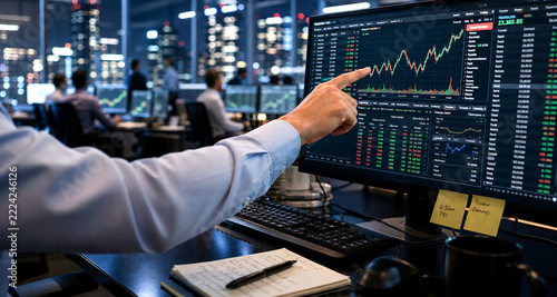 Trader sits in front of his desk in the office and points with the finger computer screen with stock market chart.  Trading room, investment banking, research, analyzing, business finance.