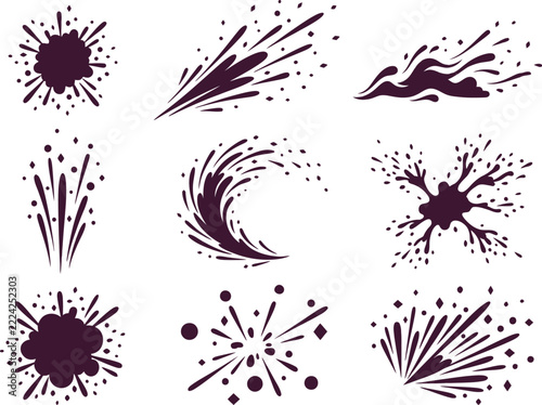 Set of handdrawn dark abstract explosion shapes and liquid splash elements isolated on white background