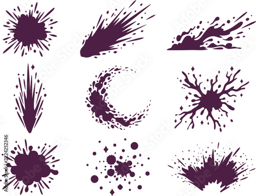 Set of handdrawn dark purple abstract ink splashes and dynamic decorative design elements
