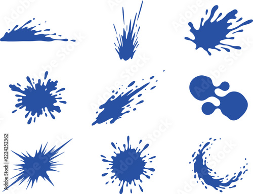 Set of isolated blue water splashes and liquid drop shapes for design elements