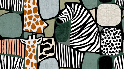 Abstract seamless pattern with African animals, texture featuring safari characters in a naive art style, wallpaper background.