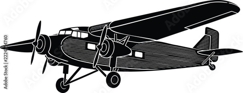 Black silhouette of a vintage trimotor airplane with detailed linework on white background, aircraft retro
