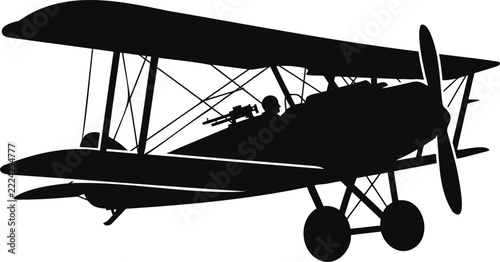 Black silhouette of a wwi biplane with pilot and machine gun airplane aircraft war 1
