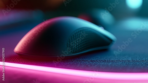 Sleek black computer mouse rests on dark surface, illuminated with vibrant pink and blue light, suggesting technology and modern design