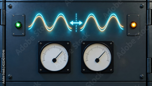 Electrical backup power readiness during grid maintenance with glowing alternating waveforms and analog meters