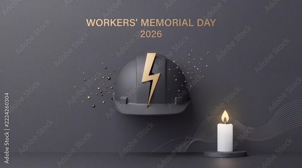 Naklejka premium International Workers' Memorial Day 2026 Commemoration Concept with Black Safety Hard Hat, Golden Lightning Bolt Symbol and Lit Candle on Minimalist Dark Background for Industrial Remembrance