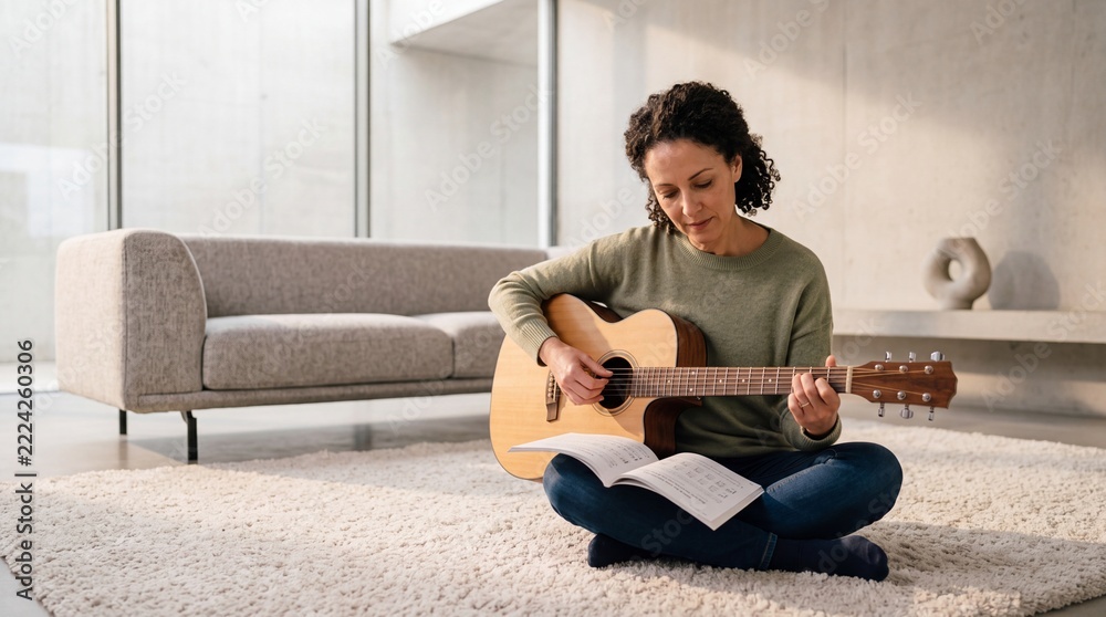 Naklejka premium Focused mature woman with curly hair playing acoustic guitar while sitting on a rug in a modern living room, practicing music from a notebook in a peaceful and bright home environment.