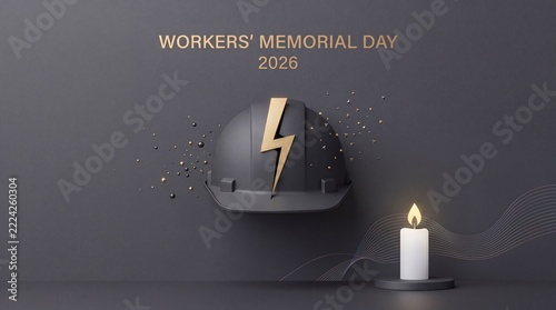 International Workers' Memorial Day 2026 Commemoration Concept with Black Safety Hard Hat, Golden Lightning Bolt Symbol and Lit Candle on Minimalist Dark Background for Industrial Remembrance