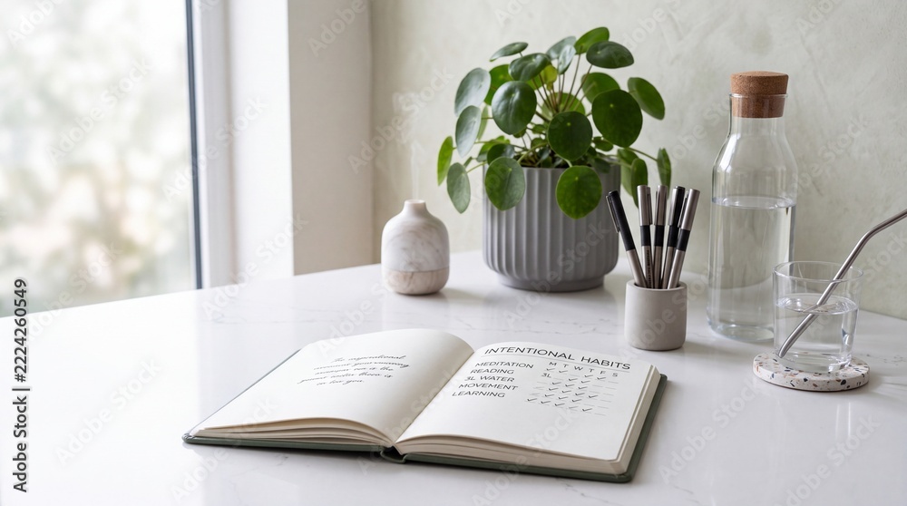 Naklejka premium Open Notebook with Intentional Habits Checklist on Minimalist White Desk with Green Potted Plant, Water Bottle, and Essential Oil Diffuser for Mindfulness and Productivity Lifestyle Concept