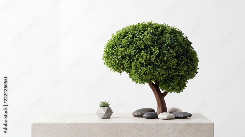 Naklejka premium Conceptual 3D illustration of a tree shaped like a human brain on a stone surface with pebbles and a small succulent, representing mental health, ecology, brain health, and sustainable thinking.