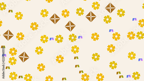 Yellow geometric flower shapes and brown diamonds pattern