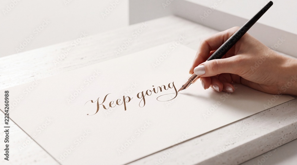 Naklejka premium Woman Hand Writing Motivational Quote Keep Going in Elegant Calligraphy with Fountain Pen on White Paper, Premium Business Growth Concept and Inspirational Message for Perseverance and Mindset