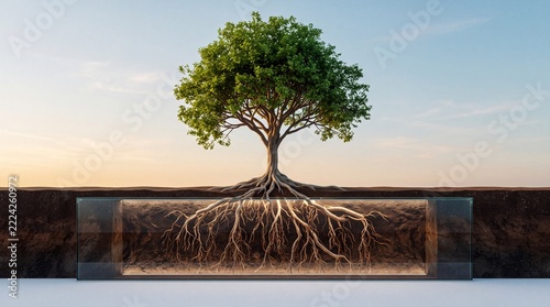 Lush Green Tree Growing with Complex Root System Exposed Underground Inside a Glass Display Case at Sunset, Conceptual Representation of Strong Foundations, Growth, and Environmental Science