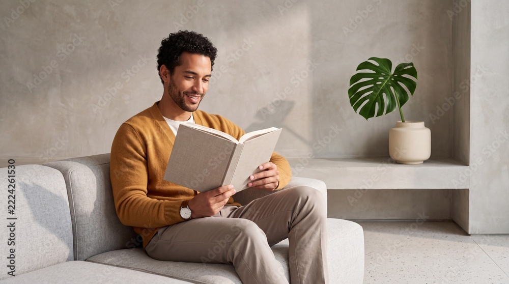 Naklejka premium Portrait of a Smiling Young Man of Mixed Ethnicity Enjoying a Good Book While Sitting on a Modern Sofa in a Minimalist Home Interior with Soft Natural Light and Indoor Plants