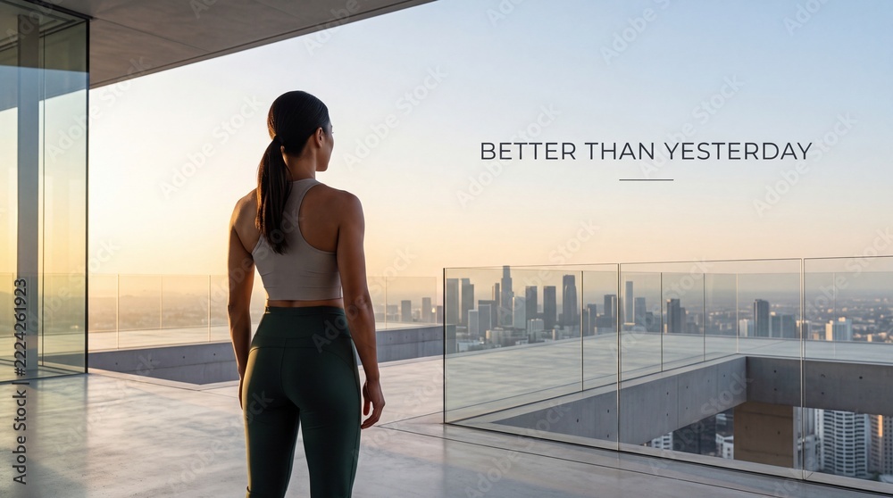 Naklejka premium Athletic woman in sportswear standing on a modern high-rise rooftop balcony, looking out at the city skyline during sunrise with motivational text Better Than Yesterday for fitness goals.
