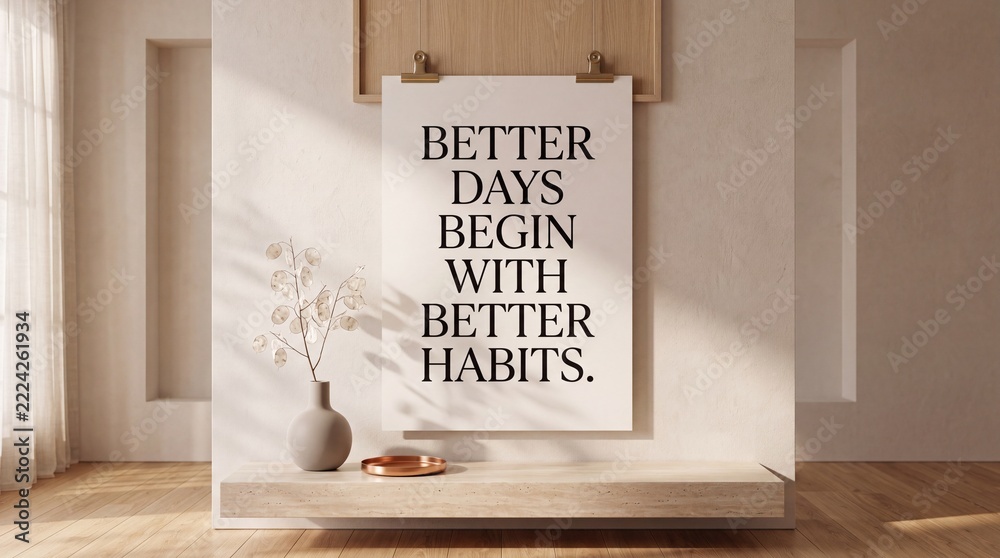 Naklejka premium Minimalist Interior Mockup featuring a Motivational Poster with Typography Better Days Begin with Better Habits, Aesthetic Room Decor with Dried Flowers and Warm Sunlight Shadows on Beige Wall