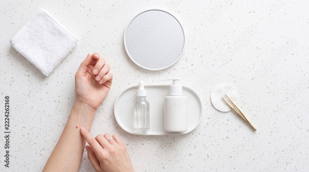 Naklejka premium Overhead view of a woman examining a small red skin spot or mole on her wrist, surrounded by white skincare bottles, a dropper, a mirror, and aesthetic beauty tools on a clean white surface.