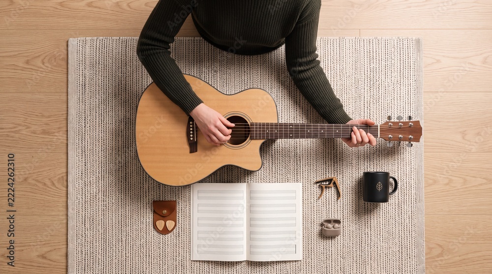 Naklejka premium Top view of a musician sitting on a cozy rug, playing an acoustic guitar and composing music with blank sheet music, a coffee mug, and accessories like a capo and picks on a wooden floor.