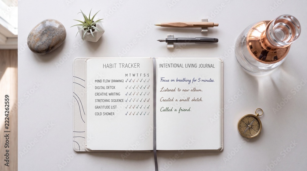 Naklejka premium Top down overhead view of a minimalist habit tracker and intentional living journal on a clean white desk with elegant fountain pens, a compass, and decorative elements for mindful planning.