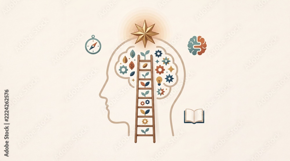 Naklejka premium Conceptual Digital Illustration of a Human Head Profile with a Ladder Leading to a Star, Representing Personal Growth, Education, Mindset Development, and the Path to Mental Success