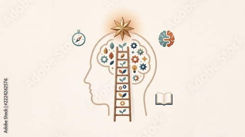 Conceptual Digital Illustration of a Human Head Profile with a Ladder Leading to a Star, Representing Personal Growth, Education, Mindset Development, and the Path to Mental Success