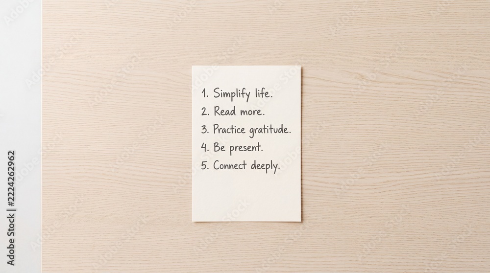 Naklejka premium Top View of a Handwritten List on a Card Placed on a Light Wooden Surface Featuring Motivational Life Lessons for Mindfulness, Gratitude, and Simple Living Goals
