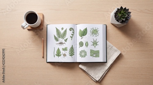 Top view of an open botanical textbook with detailed fern illustrations and plant cell diagrams on a light wooden desk with a cup of black coffee, a pencil, and a succulent plant in a pot.
