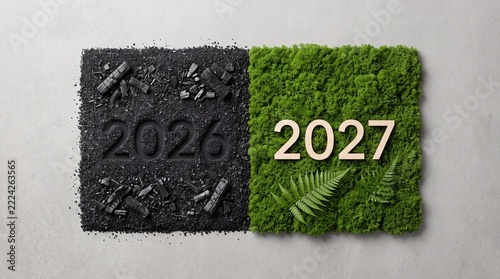 Environmental transition concept from 2026 to 2027 showing a shift from burnt charcoal and ash to lush green moss and natural growth, symbolizing a sustainable future and ecological hope.