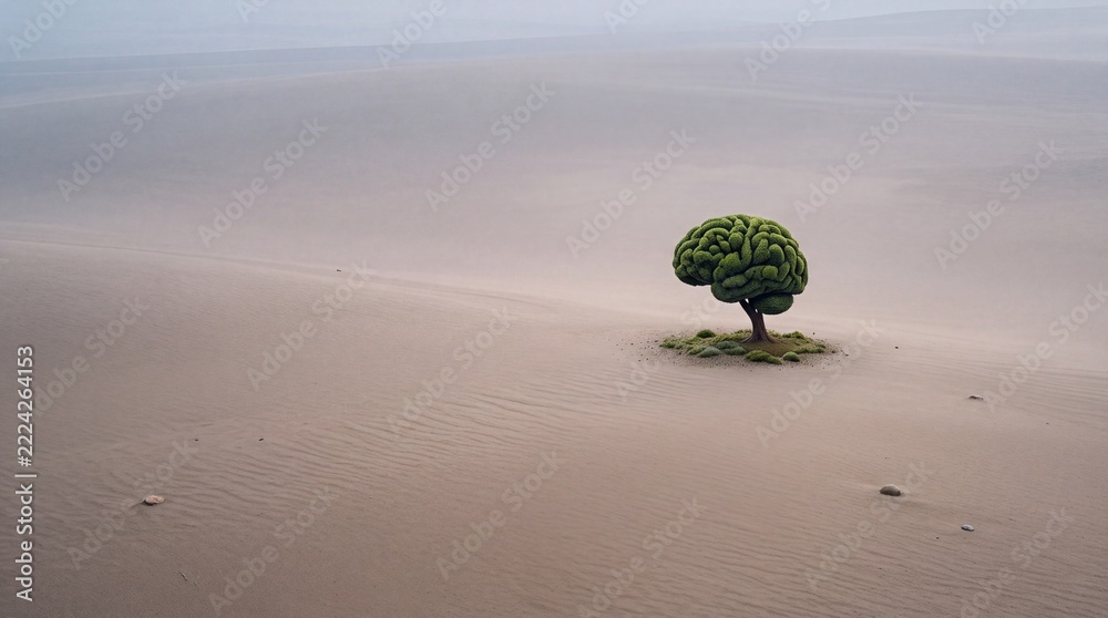 Naklejka premium Conceptual Surreal Image of a Green Tree with Foliage Shaped Like a Human Brain Standing Alone in a Vast Desert Landscape, Representing Intelligence, Mental Health, and Wisdom in Solitude.