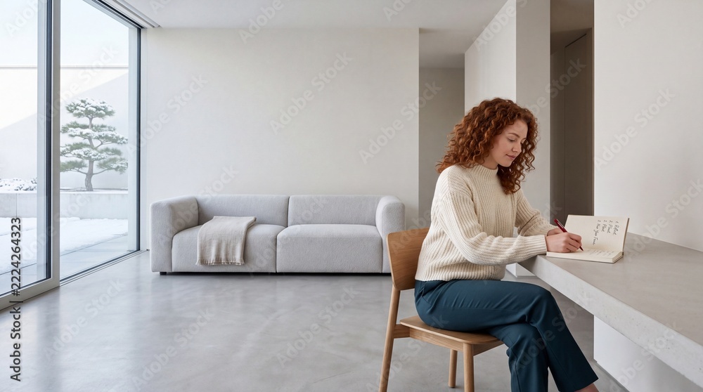 Naklejka premium A young woman with curly red hair writing in her journal while sitting in a bright, minimalist modern living room featuring a large window with a scenic view of a snowy winter landscape.