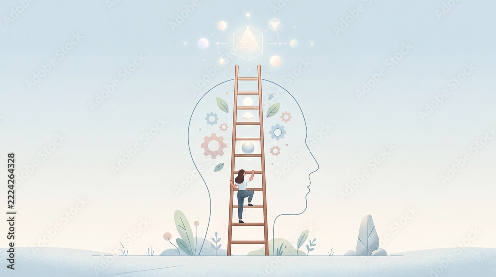 Naklejka premium Conceptual illustration of personal growth and mental development featuring a woman climbing a wooden ladder towards enlightenment and bright ideas within a human head silhouette profile.
