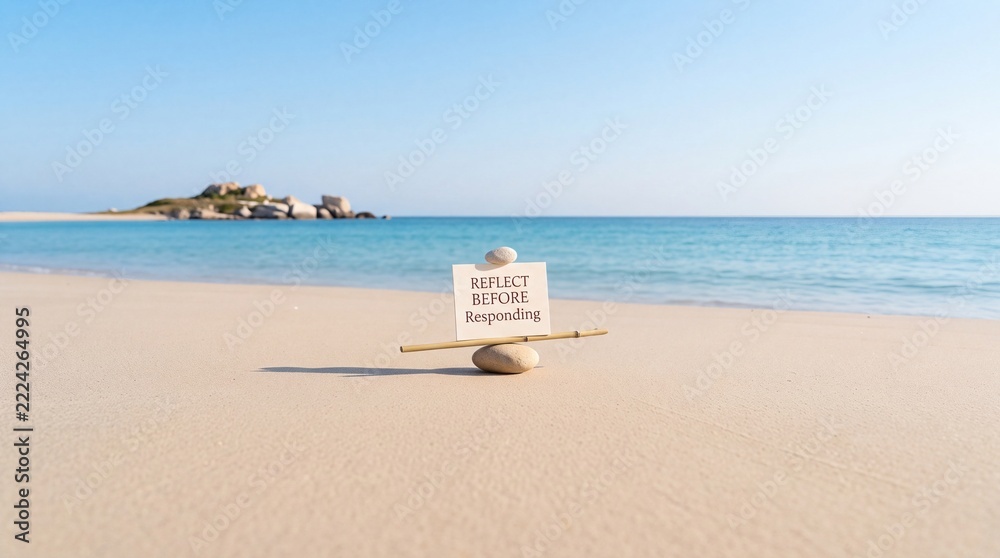 Naklejka premium Conceptual sign with message Reflect Before Responding balanced on stones at a beautiful tropical beach with turquoise ocean water, representing mindfulness, serenity, and emotional intelligence.