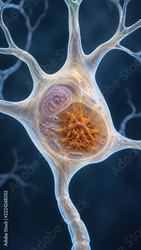 Neuron cell synapse dendrite axon neural network aggregation hotspot blocking blue and orange scientific illustration depicts neuron with