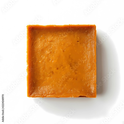 Top View of a Delicious Square Caramel Fudge Brownie Bar Isolated on White Background