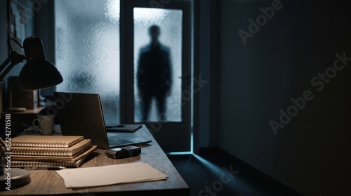 A silhouette of an intruder appearing behind a frosted glass door in a dimly lit office
