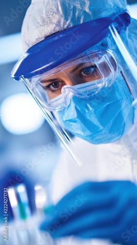 A focused healthcare professional in protective gear examines test tubes in a laboratory setting