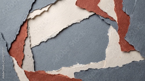 Abstract background featuring layers of torn handmade paper in shades of blue and terra cotta