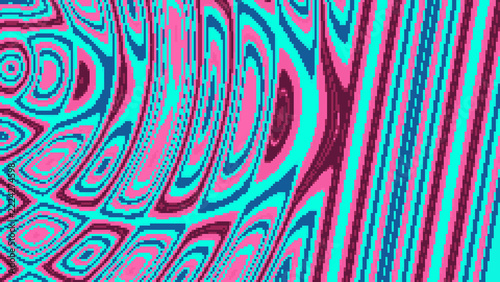 Abstract Pixelated Psychedelic Background with Curved Concentric Wavy Lines and Vertical Stripes 