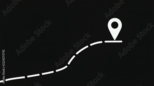 Animated route map marker progressing along a dashed line with cinematic motion on a dark background