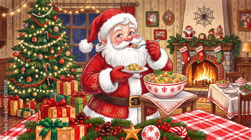 Santa Claus, dressed in traditional red and white attire, is in a cozy, festively decorated room, eating salad from a large bowl. 