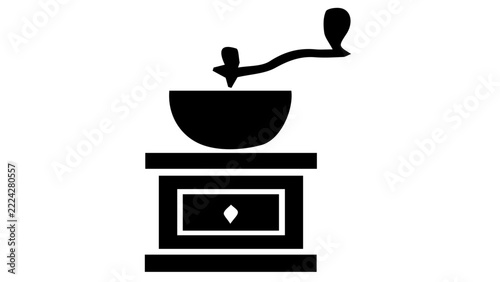 Minimalist black coffee mill icon, solid vector silhouette of vintage coffee grinder with hopper, simple glyph for UI and web design