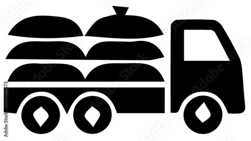 Minimalist black food delivery truck icon, flat vector van with covered dishes, logistics and takeaway symbol design