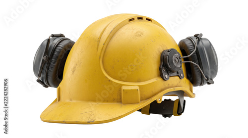 Yellow hard hat with ear muffs isolated on transparent background