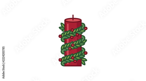 Decorative red Christmas candle wrapped with festive holly leaves and berries.