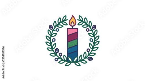 A colorful rainbow candle surrounded by a floral wreath illustration.
