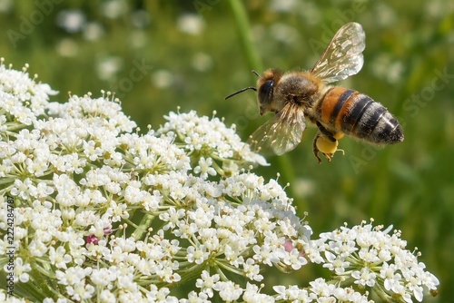 Close-up of a honey bee in flight near delicate white flowers, amidst a lush green backdrop on a sunny day, showcasing nature's elegance and vibrancy.