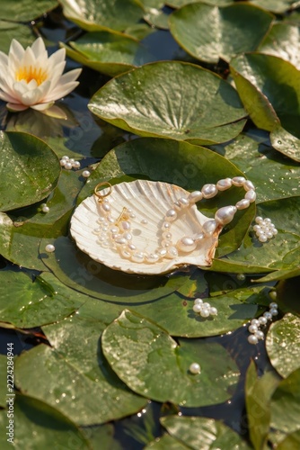 A delicate pearl necklace displayed in a seashell surrounded by vibrant green lily pads and a blooming white water lily. Elegant and serene atmosphere.
