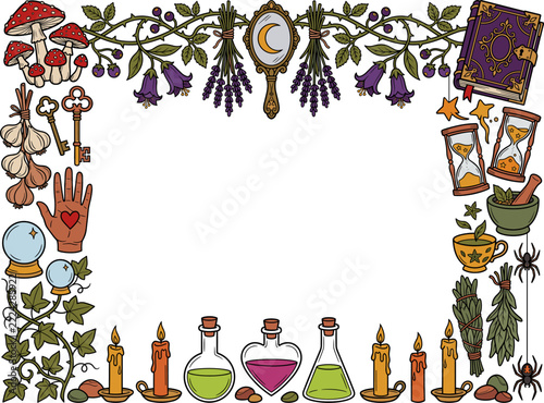 Halloween doodle and witchcraft apothecary frame vector with potion bottles, spellbook, mushrooms, candles, herbs, and crystal ball
