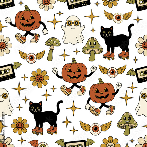 Halloween doodle and retro groovy seamless pattern vector with walking pumpkin, roller skating black cat, ghost, mushroom, and winged eyeball