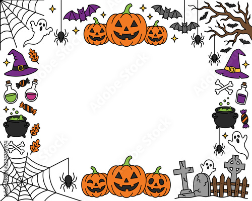 Halloween doodle frame and border vector with carved pumpkins, ghosts, witch hats, cauldrons, spiderwebs, and graveyard